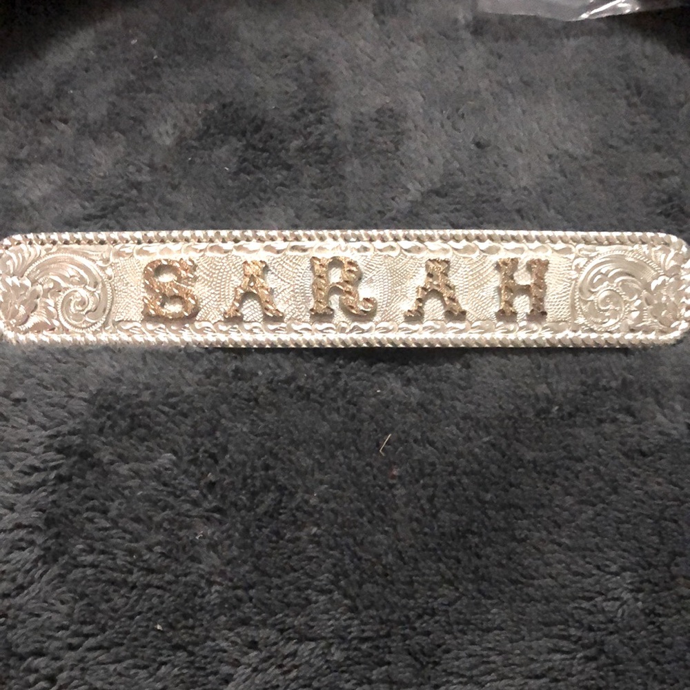 Crumrine name plate for saddle or western belt  mfg.USA has the name Sarah
